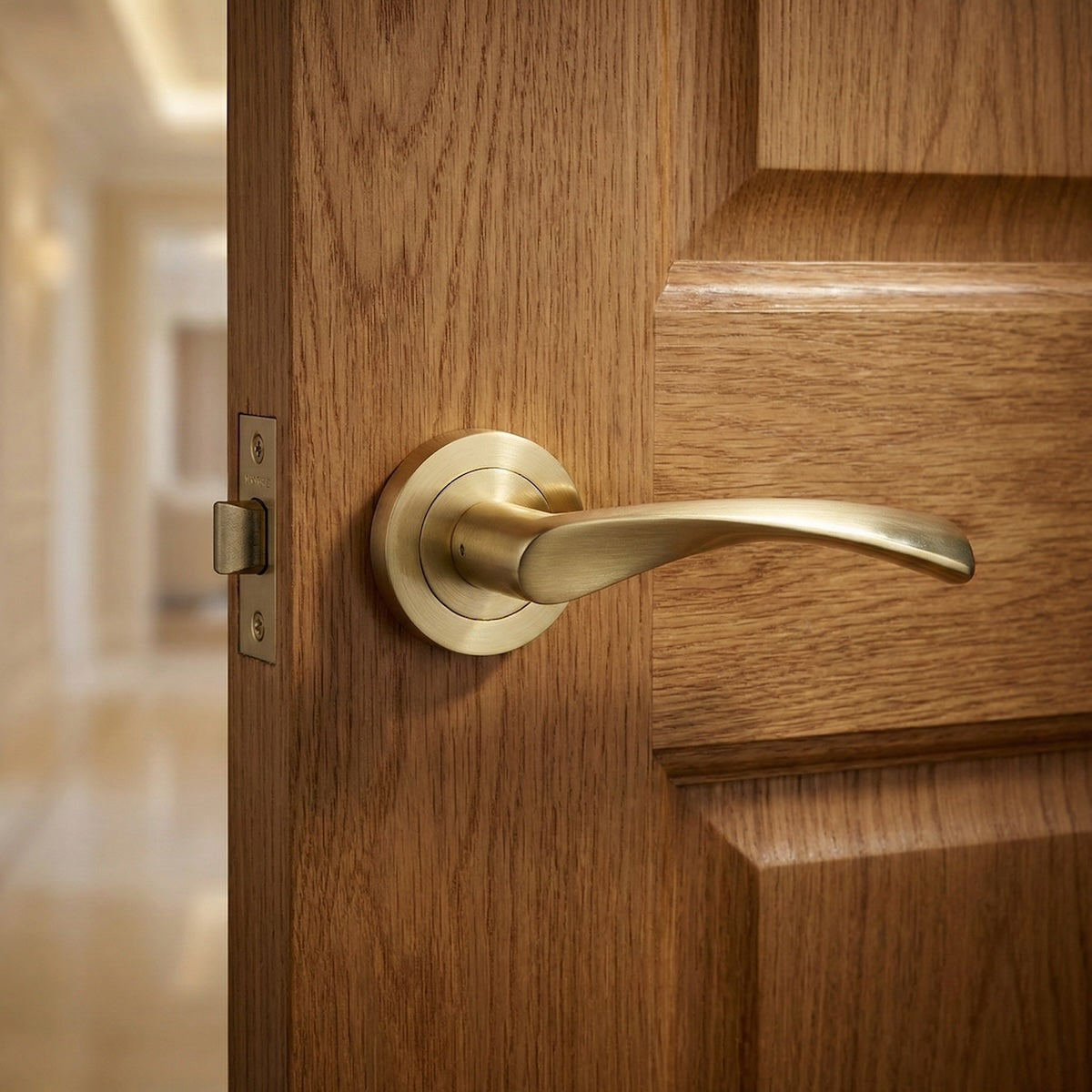 Türklinke Modell '136A' goldfarben aus Aluminium mit runder Rosette für Holztüren
