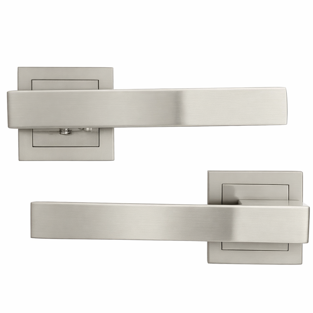 Türklinke Fobos aus Zamak mit quadratischer Rosette in satiniertem Nickel für Türen