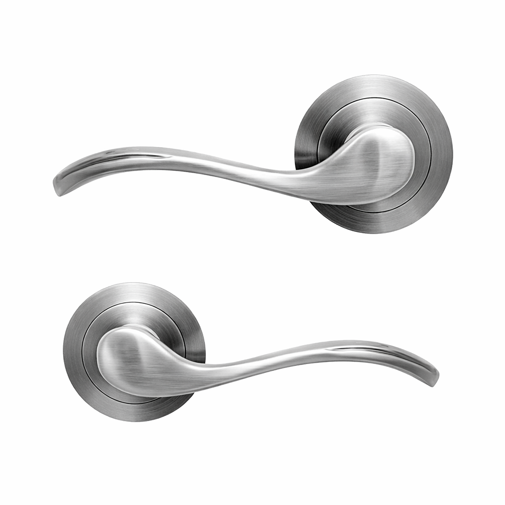 Türklinke '3001' rustikal aus Aluminium in satiniertem Nickel mit runder Rosette für Türen