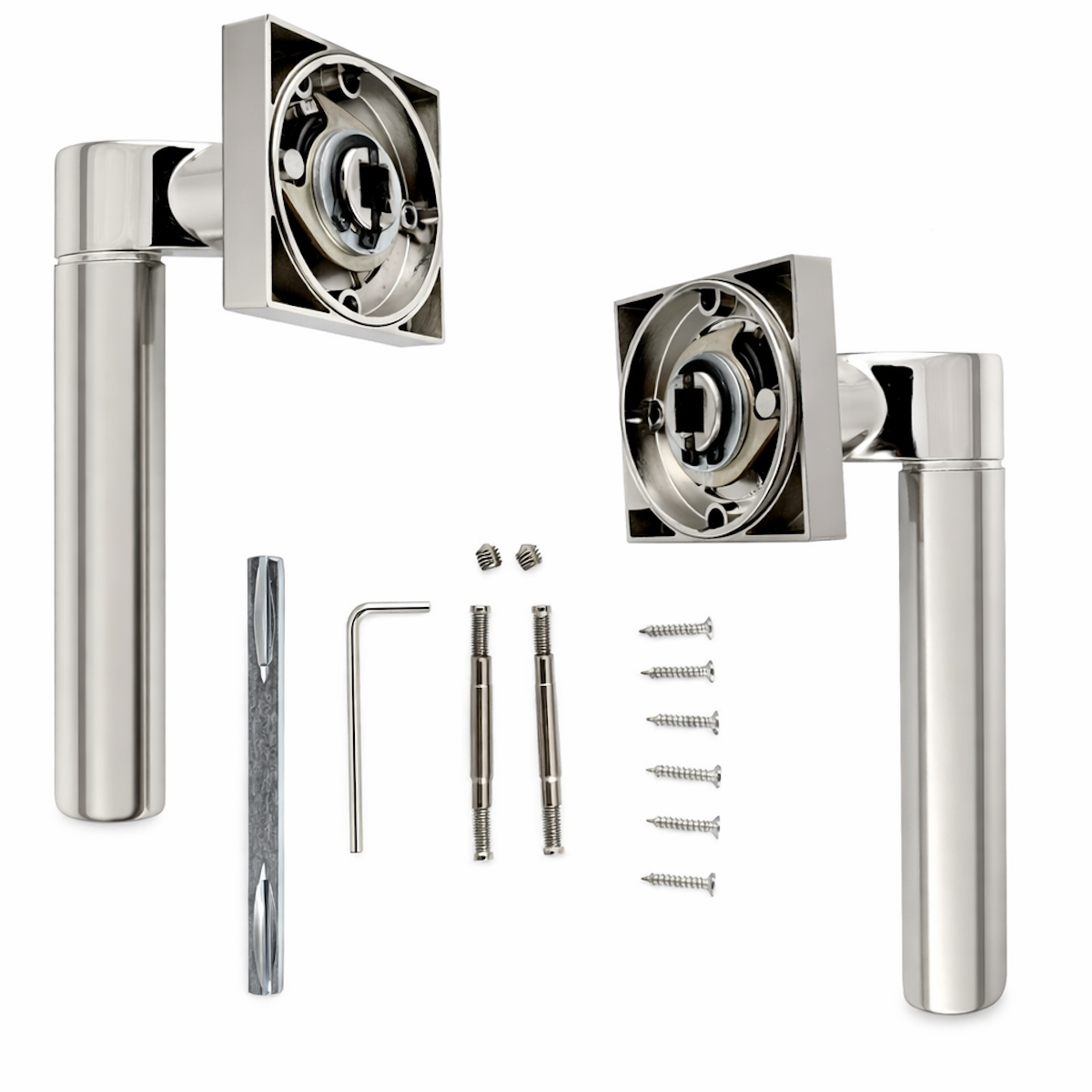Türklinke Macha aus Aluminium mit quadratischer Rosette in Nickel kombiniert