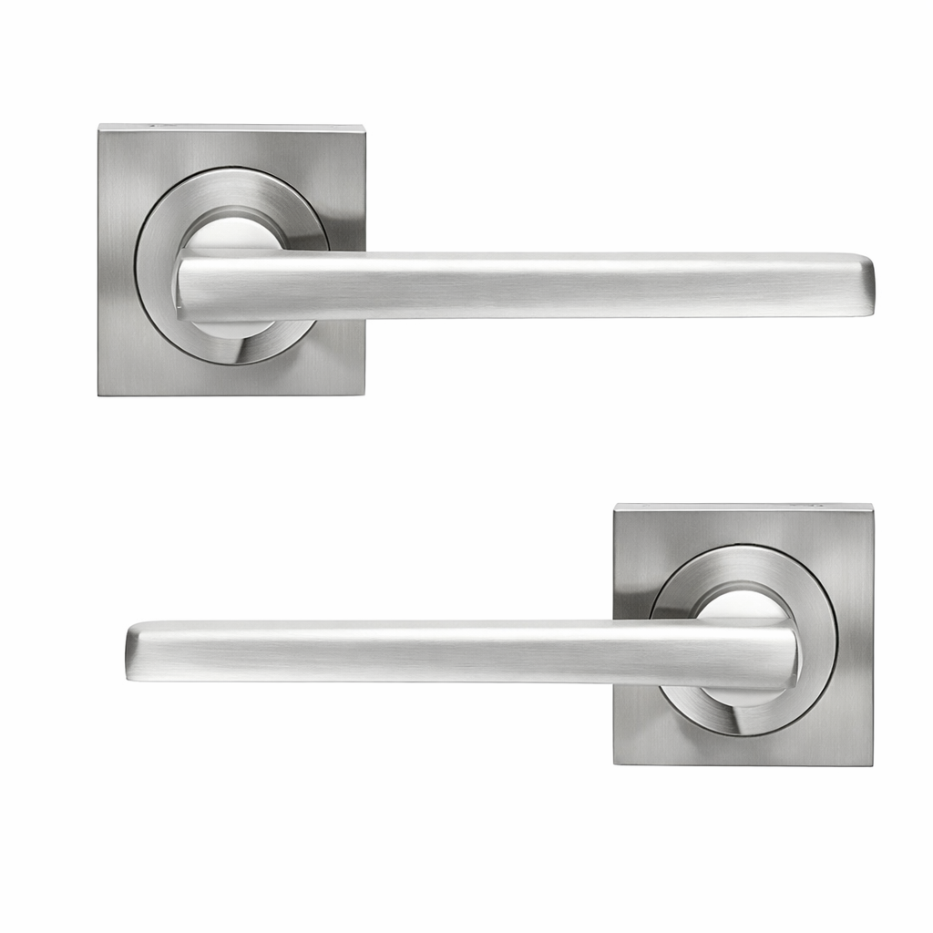 Türklinke Modell Rental '530A' mit quadratischer Rosette aus Aluminium, Oberfläche satiniertes Nickel