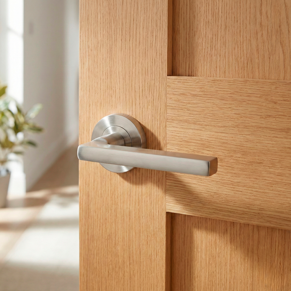 Türklinke Rental '530A' mit runder Rosette aus Aluminium für Türen, satiniertes Nickel-Finish