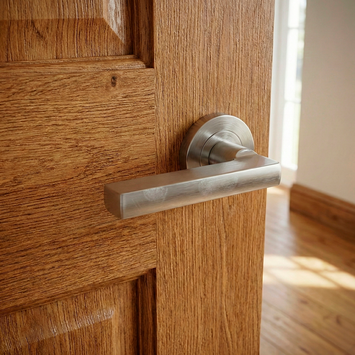Türklinke Rental '530A' mit runder Rosette aus Aluminium für Türen, satiniertes Nickel-Finish