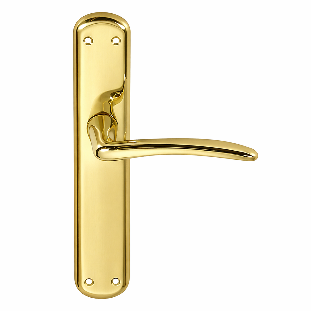 Türklinke Modell '6601' mit ovaler Zamak-Platte in glänzendem Gold für Türen