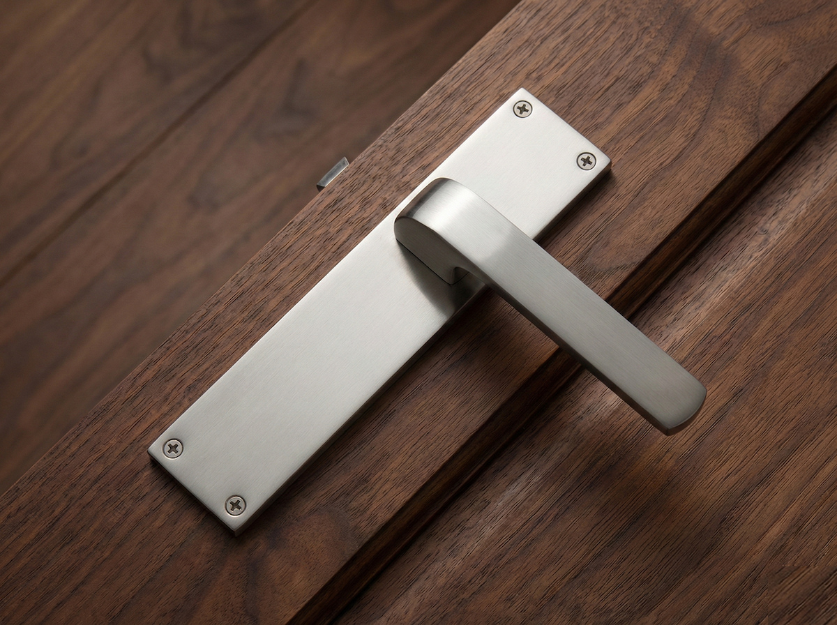 Türklinke Modell '710' aus Zamak mit rechteckigem Schild in satiniertem Nickel für Türen