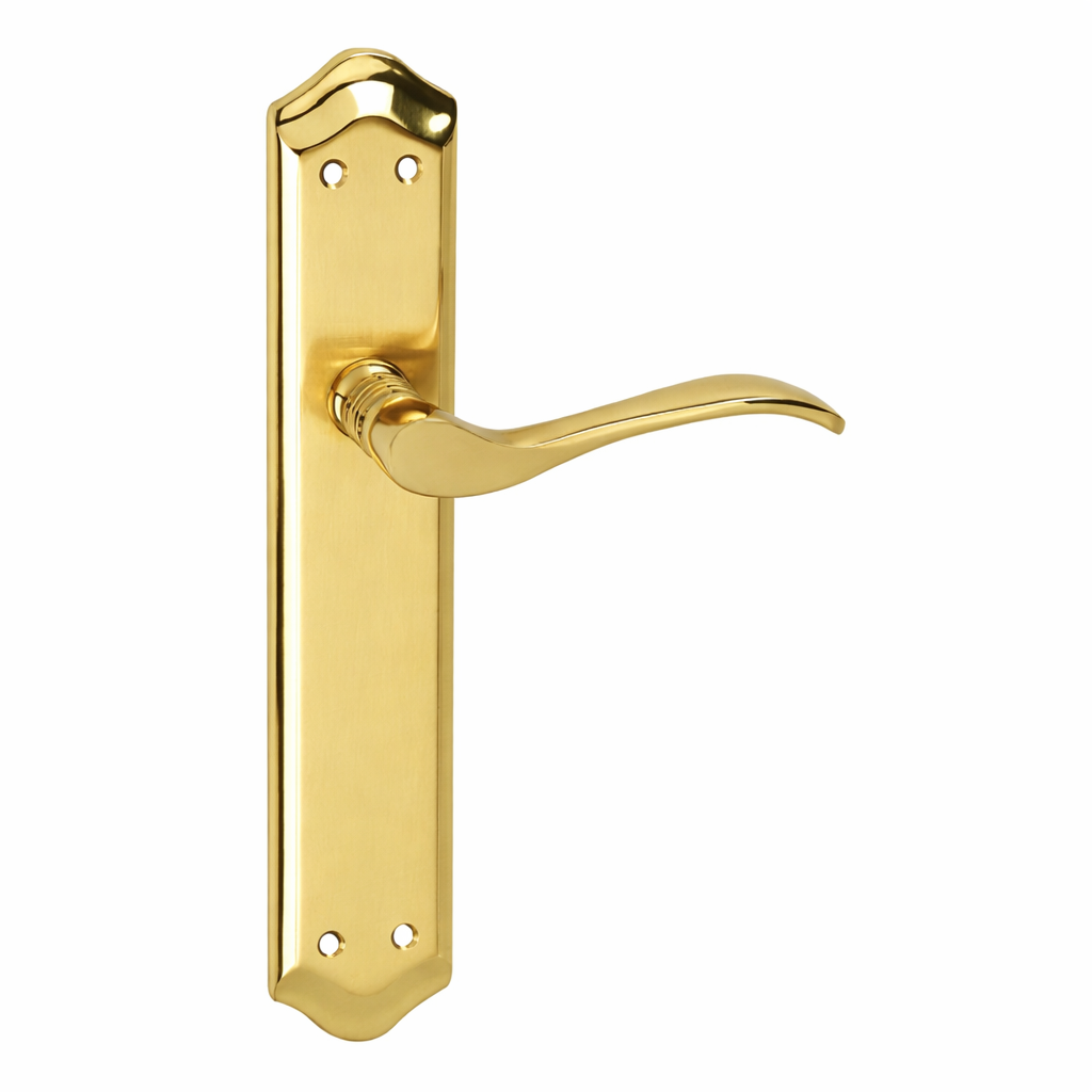 Türklinke Modell '881' mit ovalem Aluminiumschild in satiniertem Gold für Türen