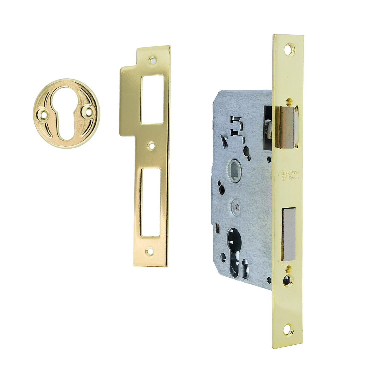 Einsteckschloss 47 mm Dornmaß und 50 mm Abstand zum Zylinder, gerader Stulp, vermessingt