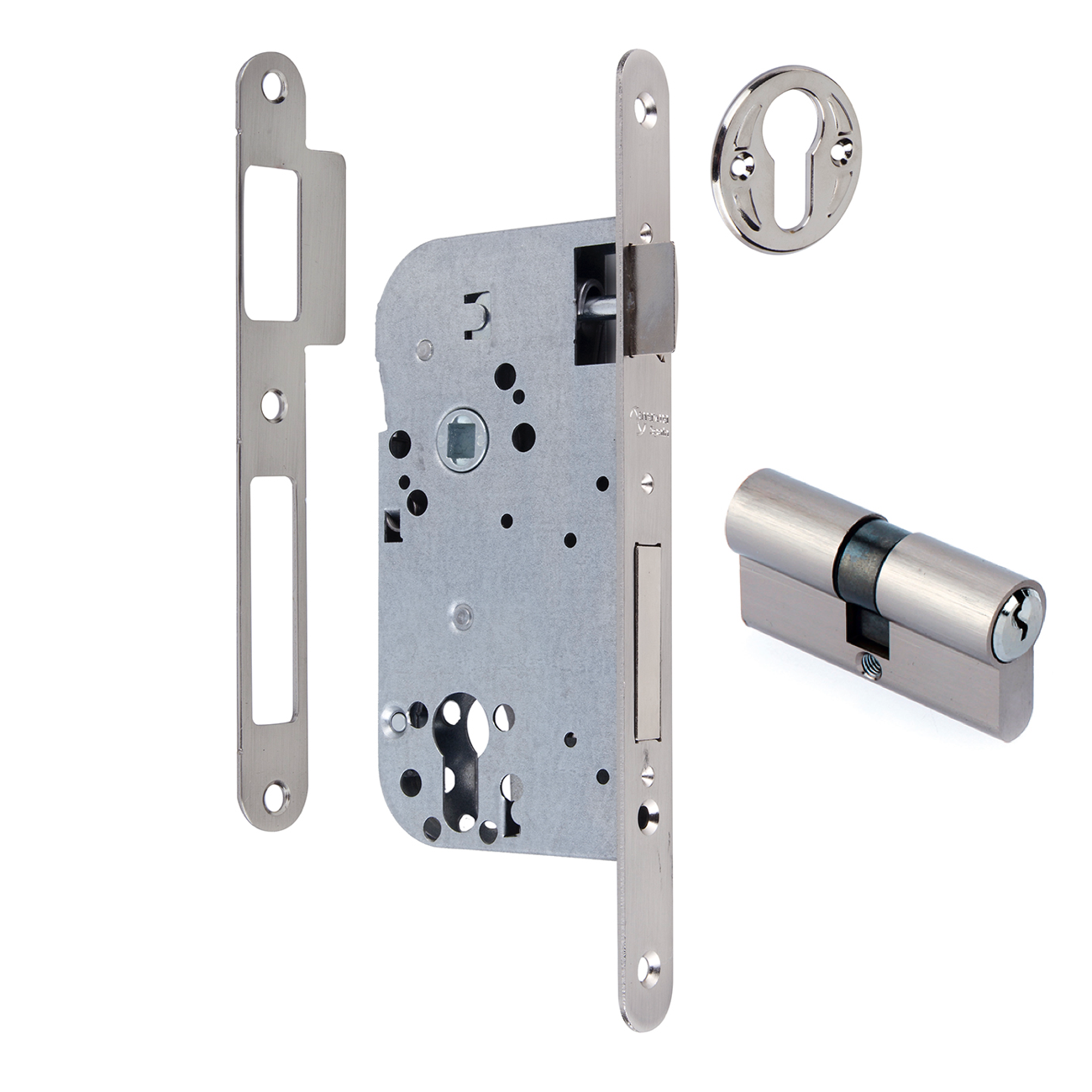 Einsteckschloss 70 mm Dornmaß und 50 mm Abstand zum Schlüsselloch, abgerundete Stulp, satiniertes Nickel