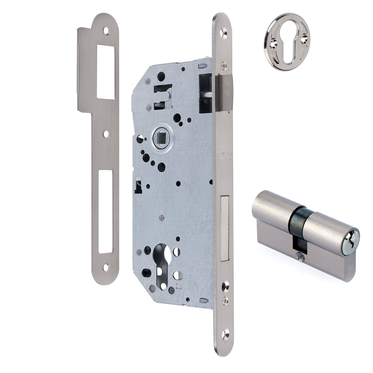 Einsteckschloss 50mm für Profilzylinder mit abgerundeter Stulp und 85mm Dornmaß in satiniertem Nickel