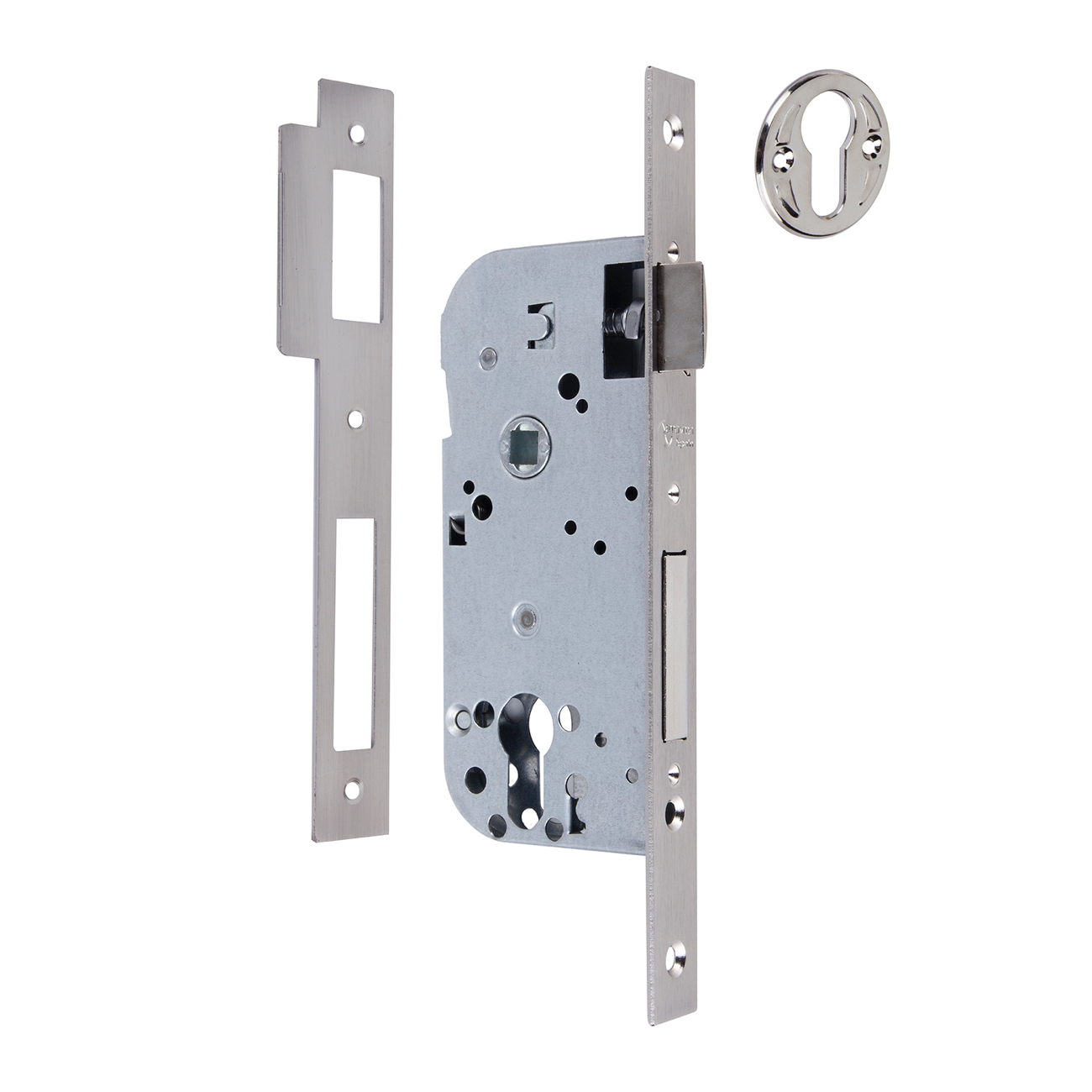 Einsteckschloss 60mm für Euro-Profilzylinder mit gerader Stulp und 85mm Dornmaß, satiniertem Nickel-Finish