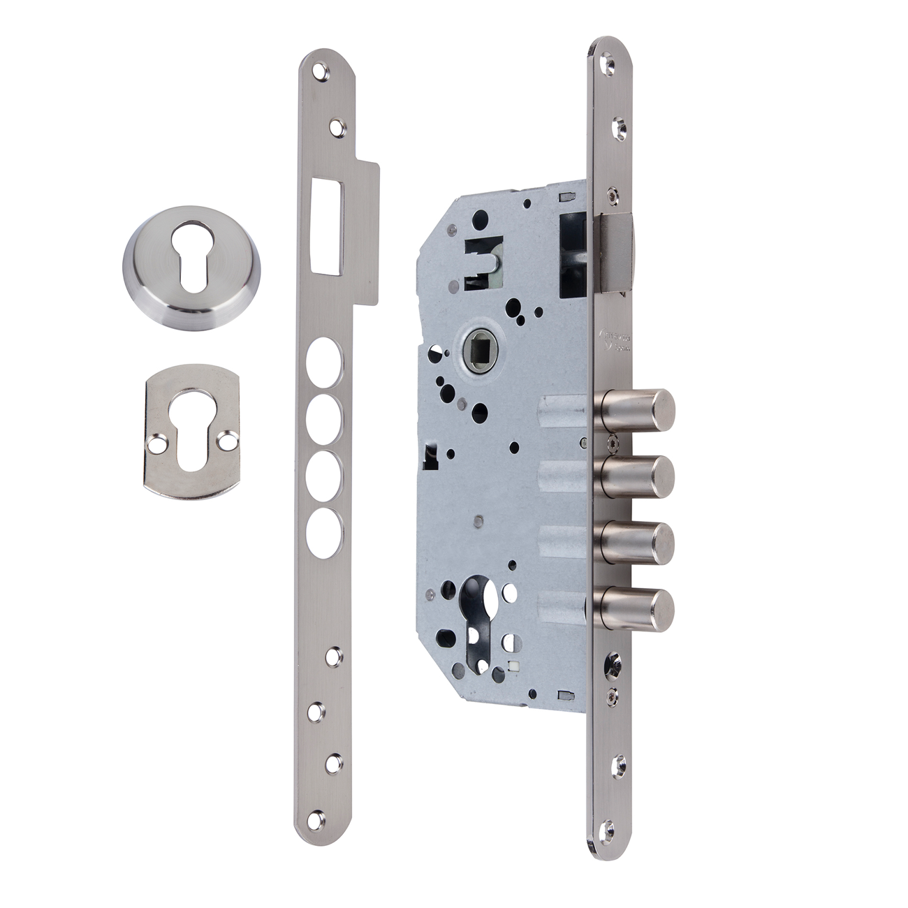 Sicherheitsschloss 50mm mit abgerundeter Stulp, 4 Stahlriegel, satiniertes Nickel