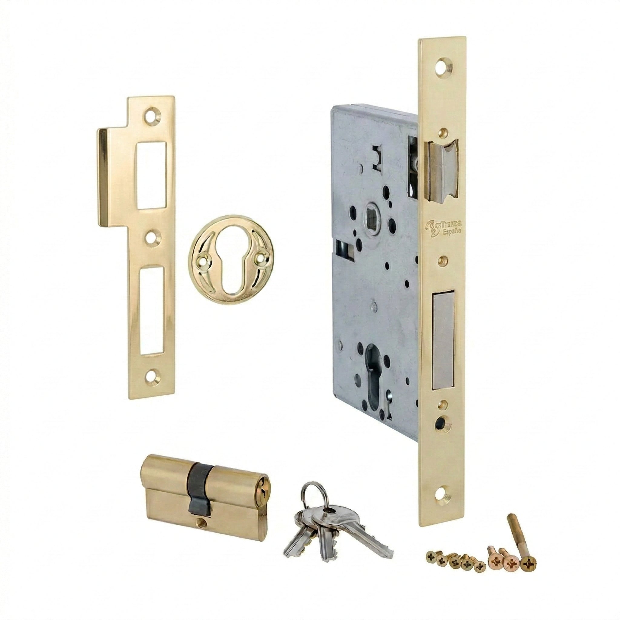 Einsteckschloss 70 mm Achsabstand und 50 mm Dornmaß, eckiger Stulp, glänzend goldfarben