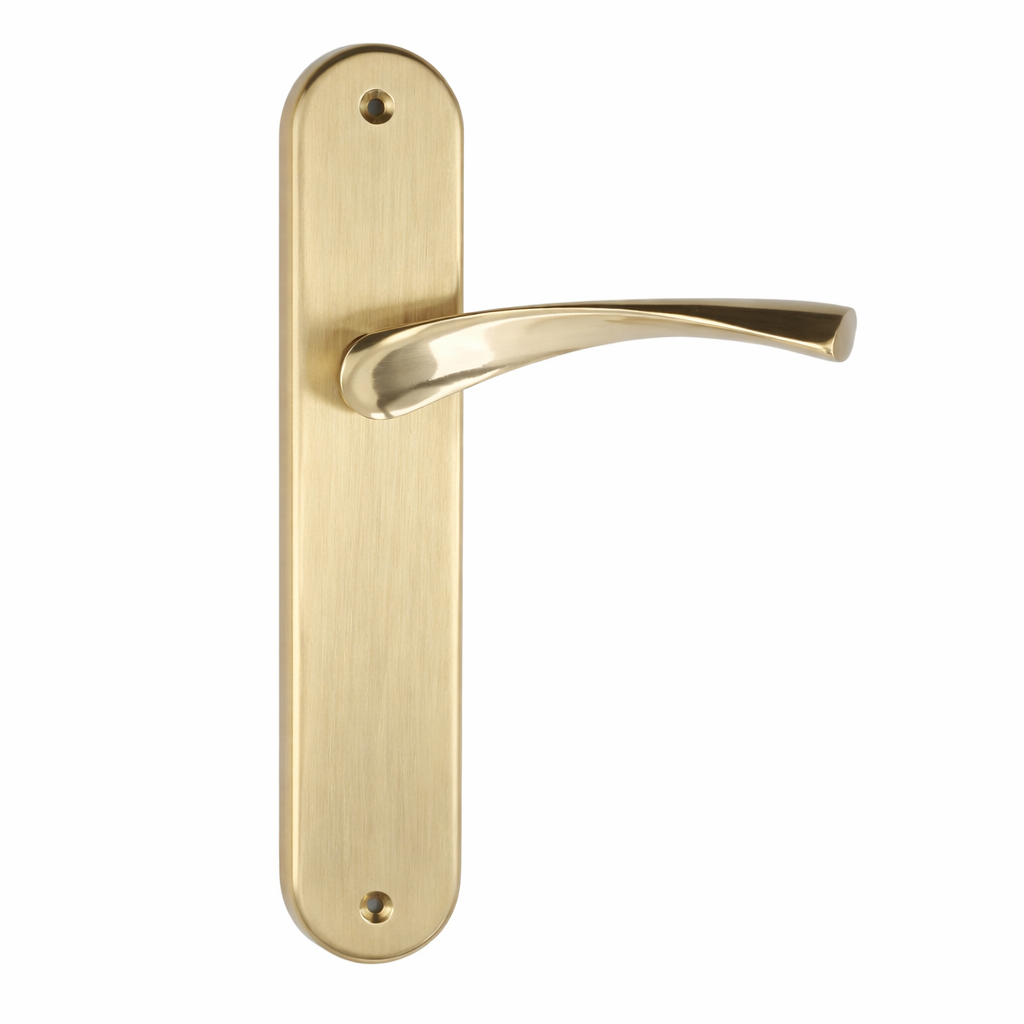 Türklinke Modell '136' mit ovalem Zamak-Schild in satiniertem Gold-Finish
