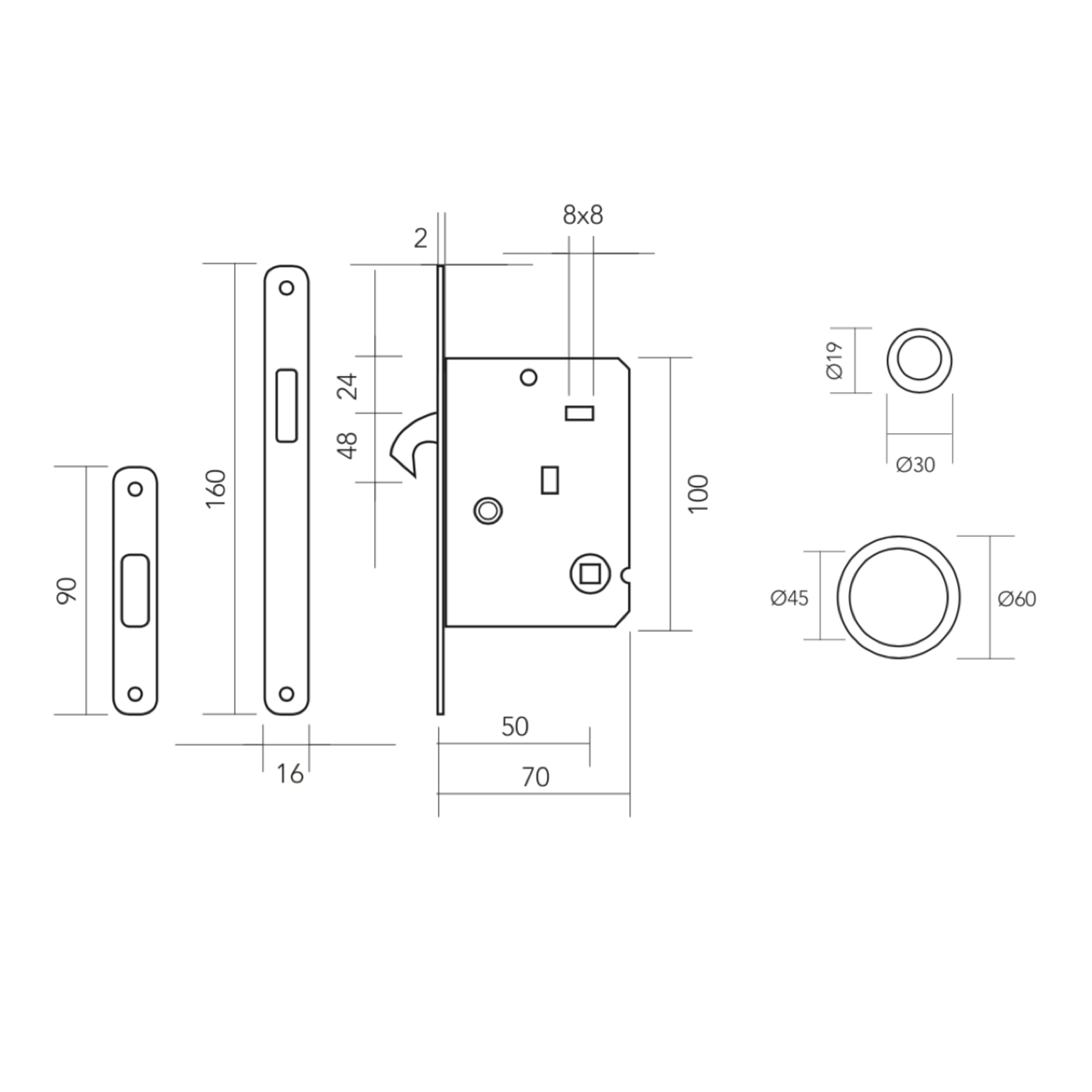 Schiebetür-Set mit Zylinder in satiniertem Nickel-Finish