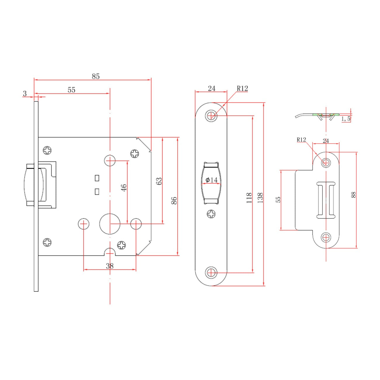 Einsteck-Rollschnapper mit runder Stulp in Nickel-Finish, Dornmaß 55mm
