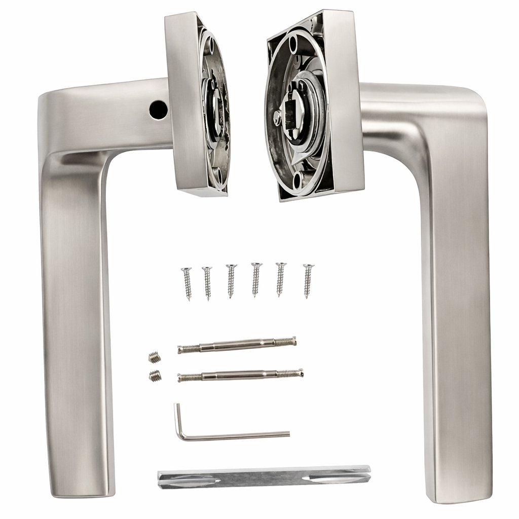 Türklinke '559' aus Aluminium mit quadratischer Rosette für Türen, satiniertes Nickel-Finish