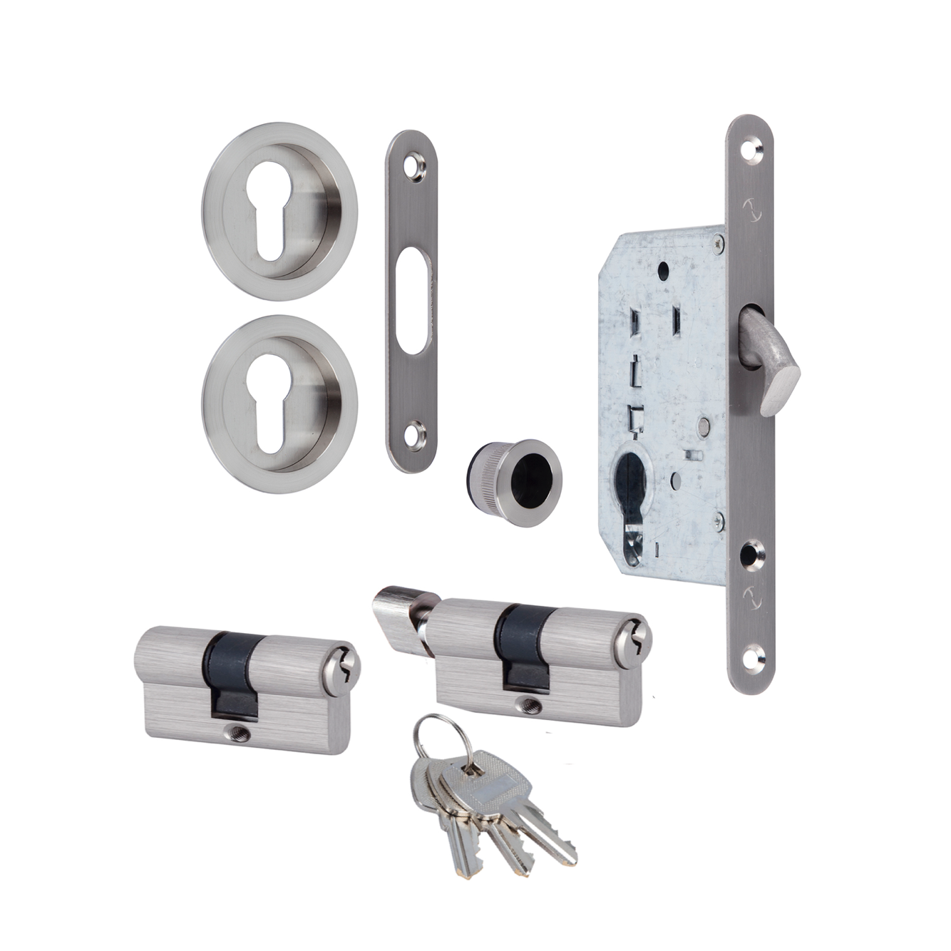 Schiebetür-Set mit Zylinder in satiniertem Nickel-Finish