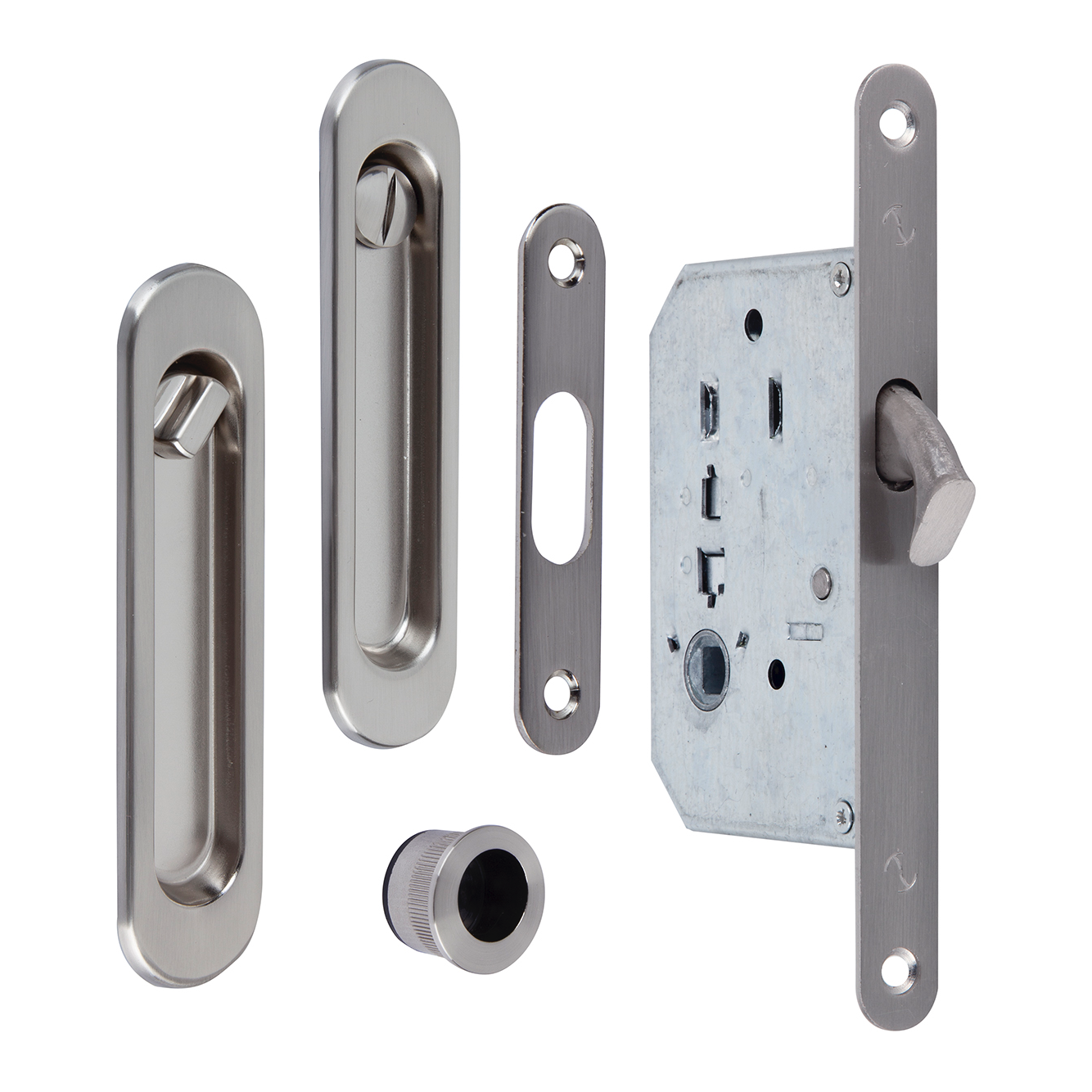 Schiebetür-Set mit Einsteckschloss, Verriegelung und ovalen Muschelgriffen in satiniertem Nickel