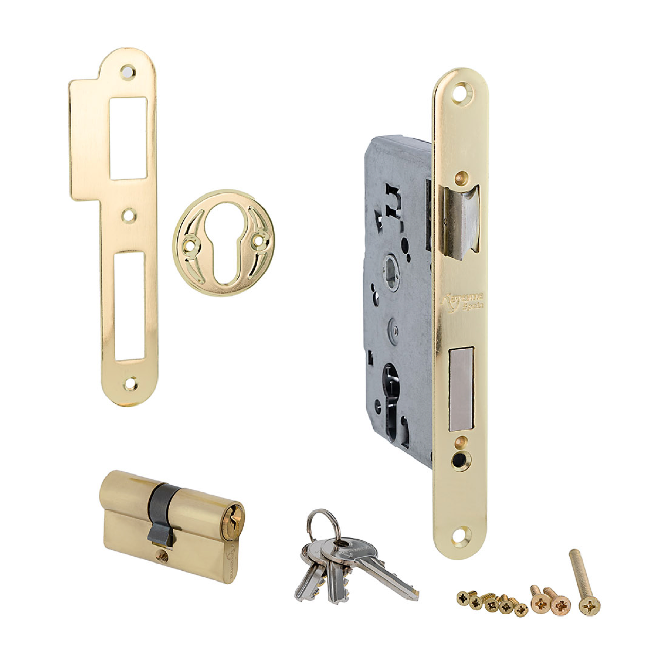 Einsteckschloss 47 mm Dornmaß und 50 mm Abstand zum Zylinder, abgerundete Stulp, Messing