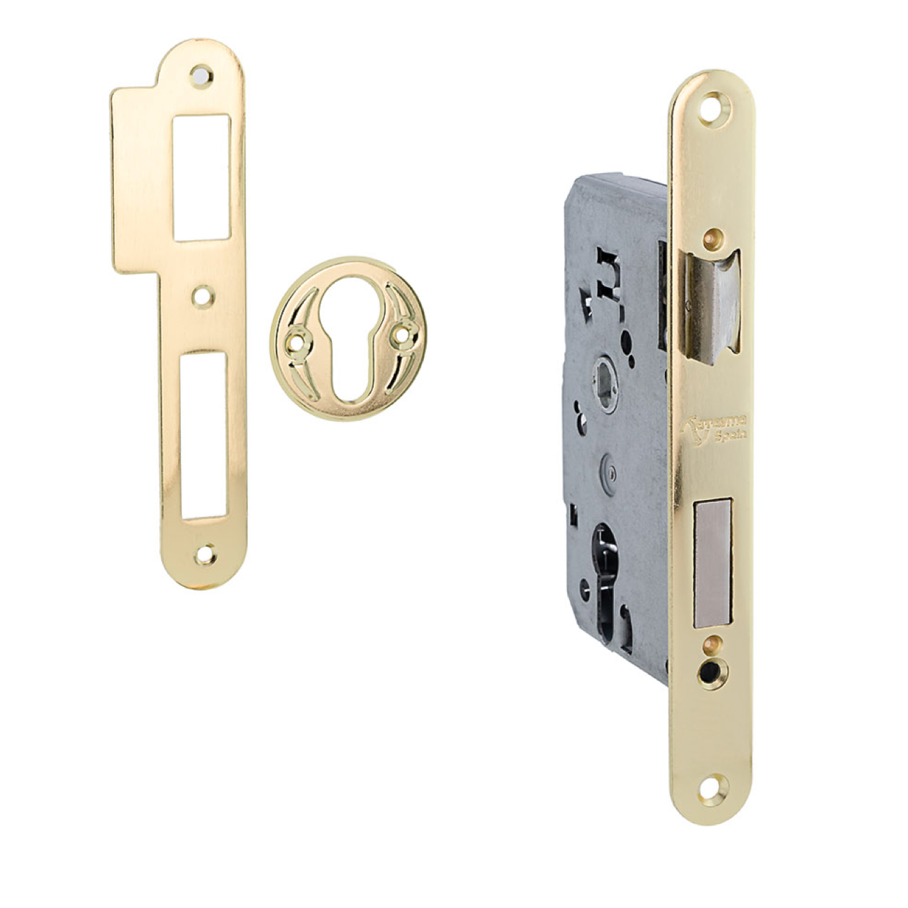Einsteckschloss 47 mm Dornmaß und 50 mm Abstand zum Zylinder, abgerundete Stulp, Messing