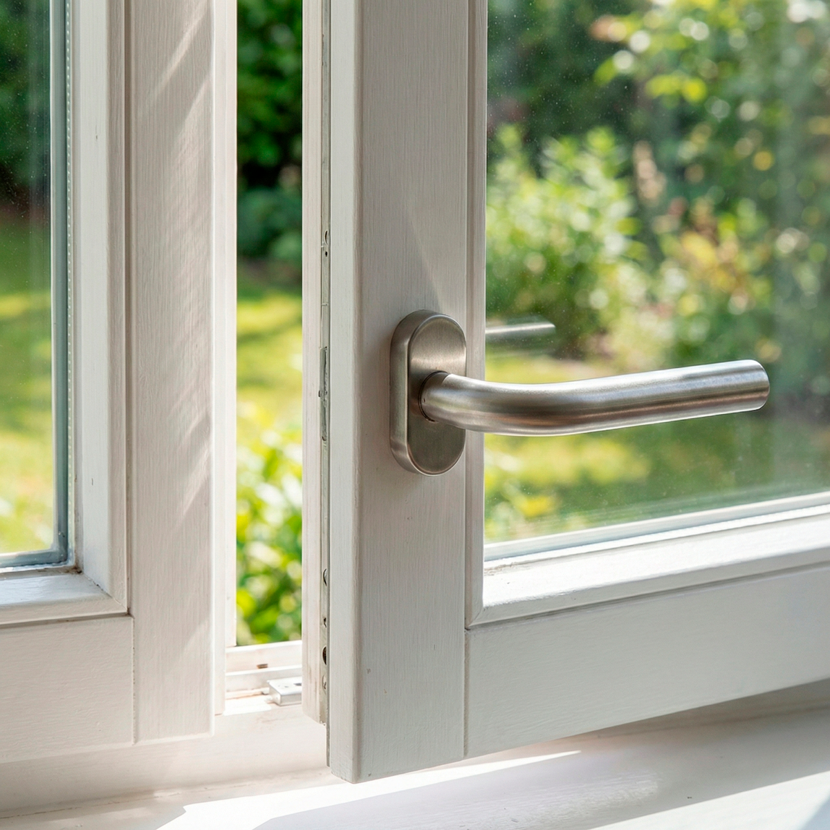 Gebogener Fenstergriff aus Edelstahl mit 3 Positionen und ovaler Rosette, ideal für Fenster
