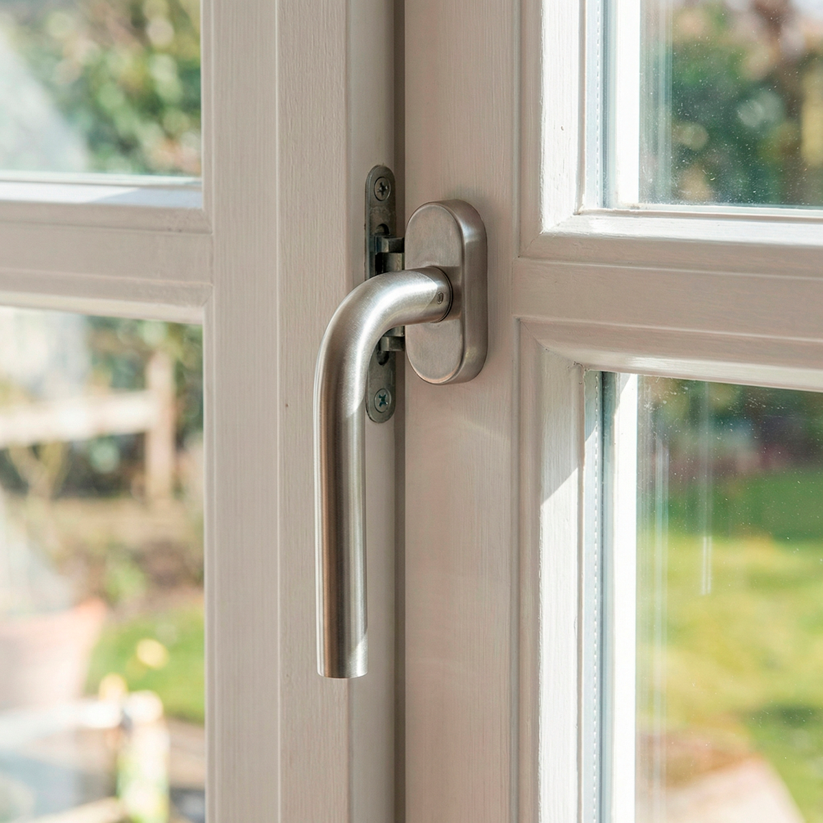 Gebogener Fenstergriff aus Edelstahl mit 3 Positionen und ovaler Rosette, ideal für Fenster