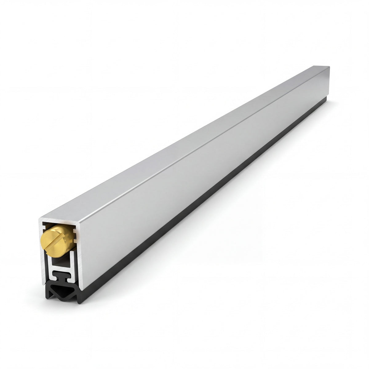 Burlete automático de embutir en aluminio plateado con goma negra y mecanismo de latón para puertas de madera