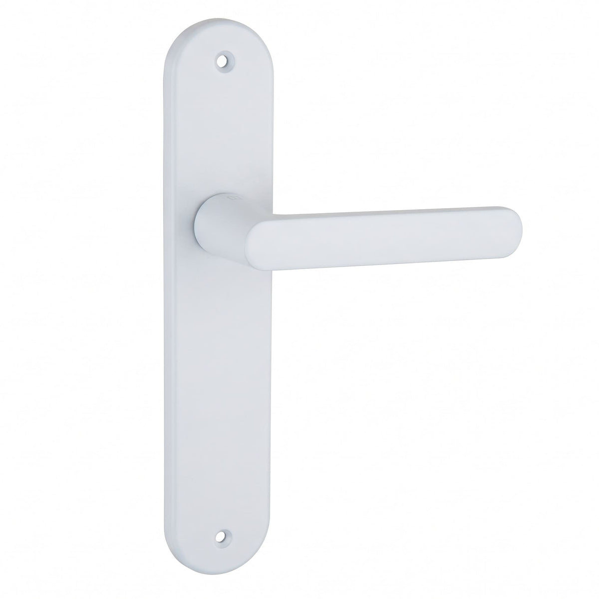 Manilla con placa ovalada de aluminio blanco para puertas, manivela recta y orificios de fijación.
