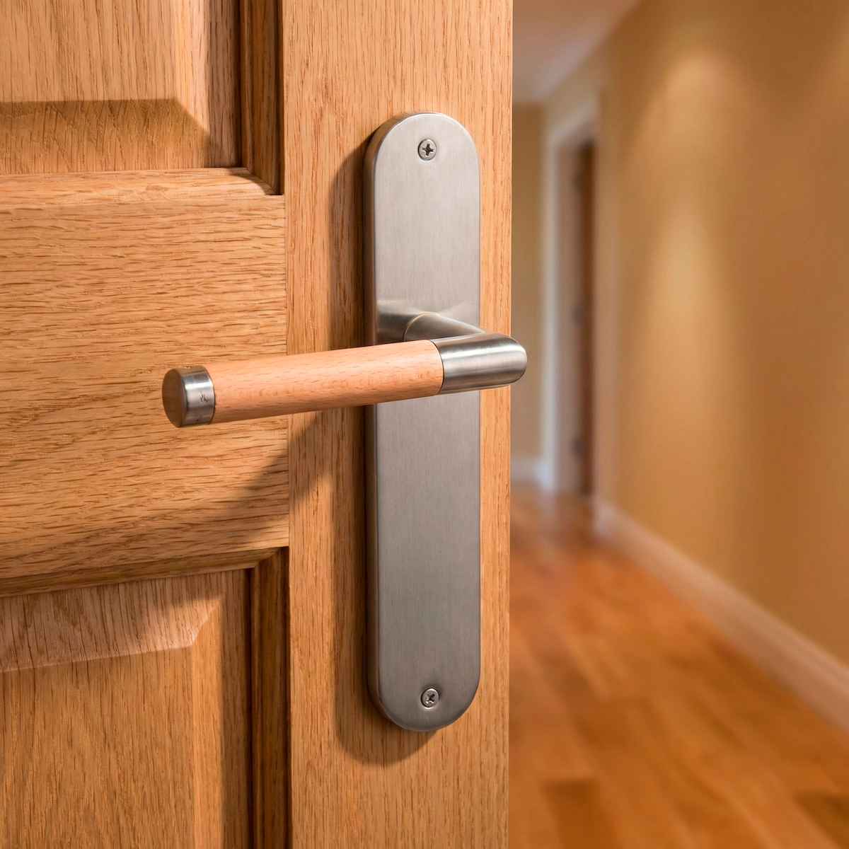 Avantgardistische Türklinke Modell '1003' mit ovalem Langschild aus Edelstahl und Holz für Türen