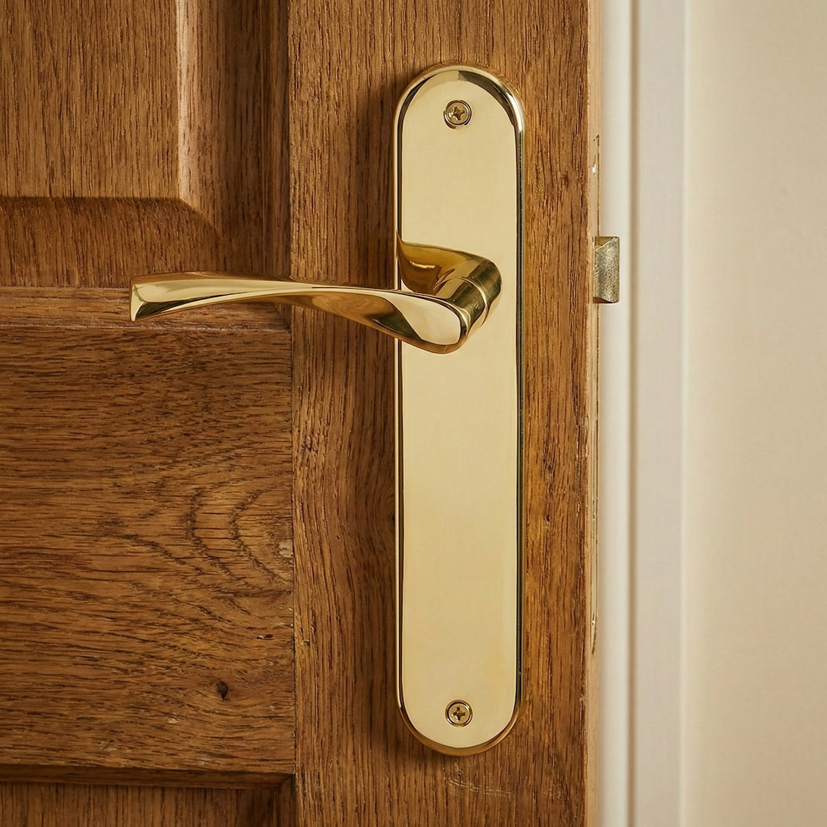 Türklinke Modell '130' aus Zamak mit ovalem Schild in glänzendem Gold-Finish für Türen