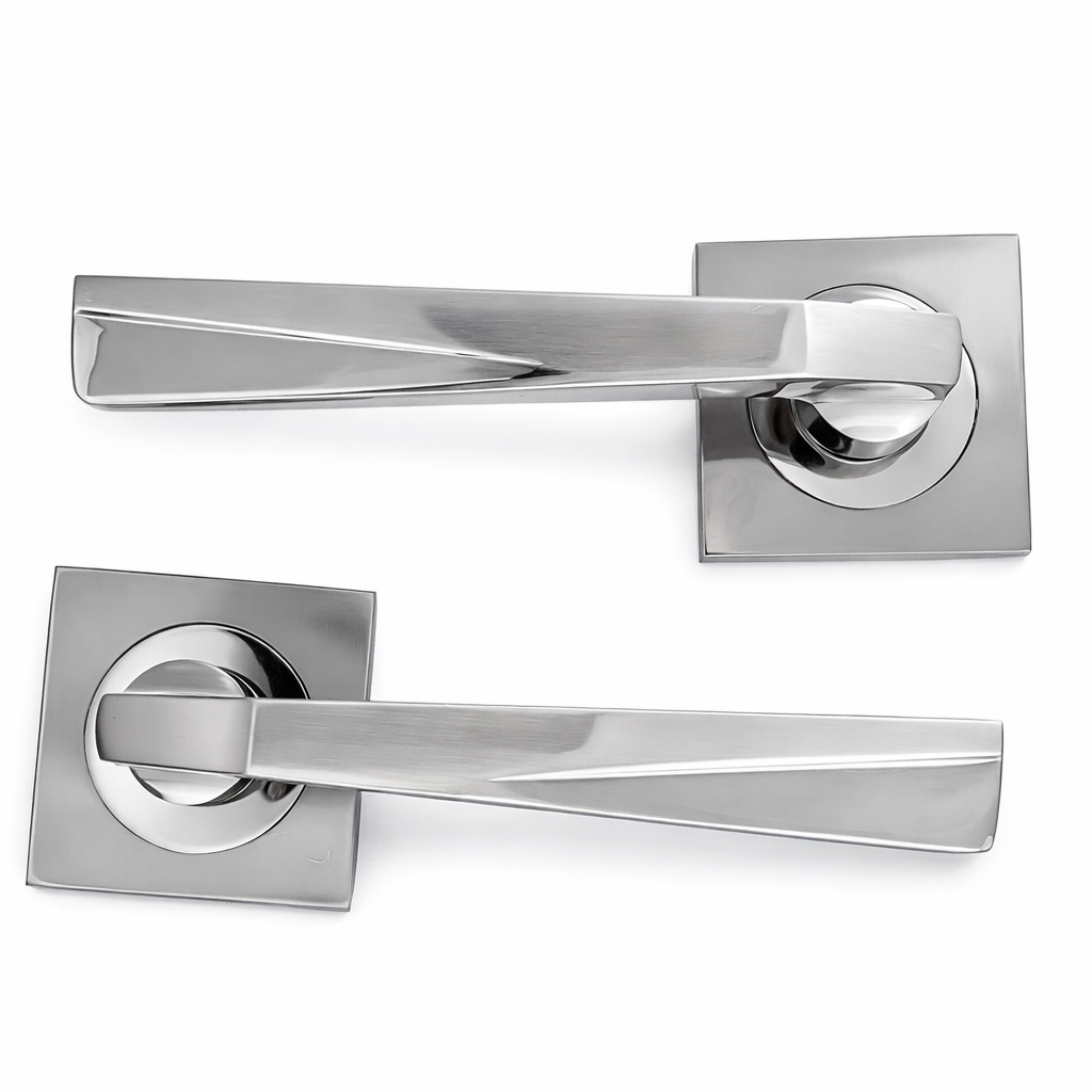 Türklinken '208' aus Zamak mit quadratischer Rosette in satiniertem Nickel für Türen