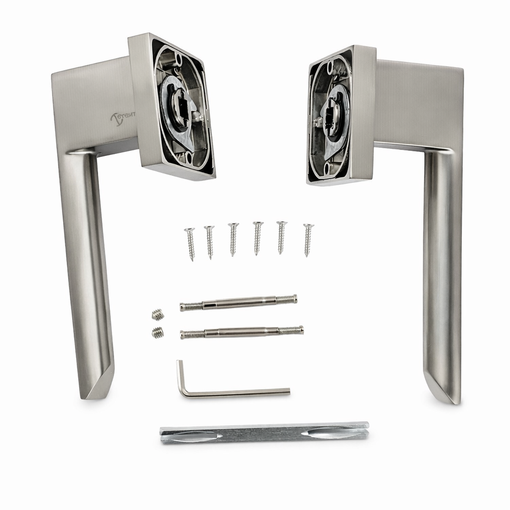Türklinke Fobos aus Zamak mit quadratischer Rosette in satiniertem Nickel für Türen