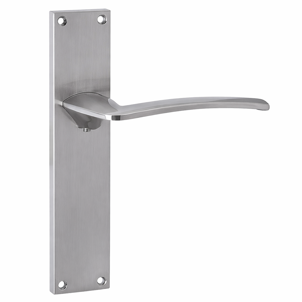 Türklinke Modell '340' mit rechteckigem Schild für Türen aus Zamak, satiniertes Nickel-Finish