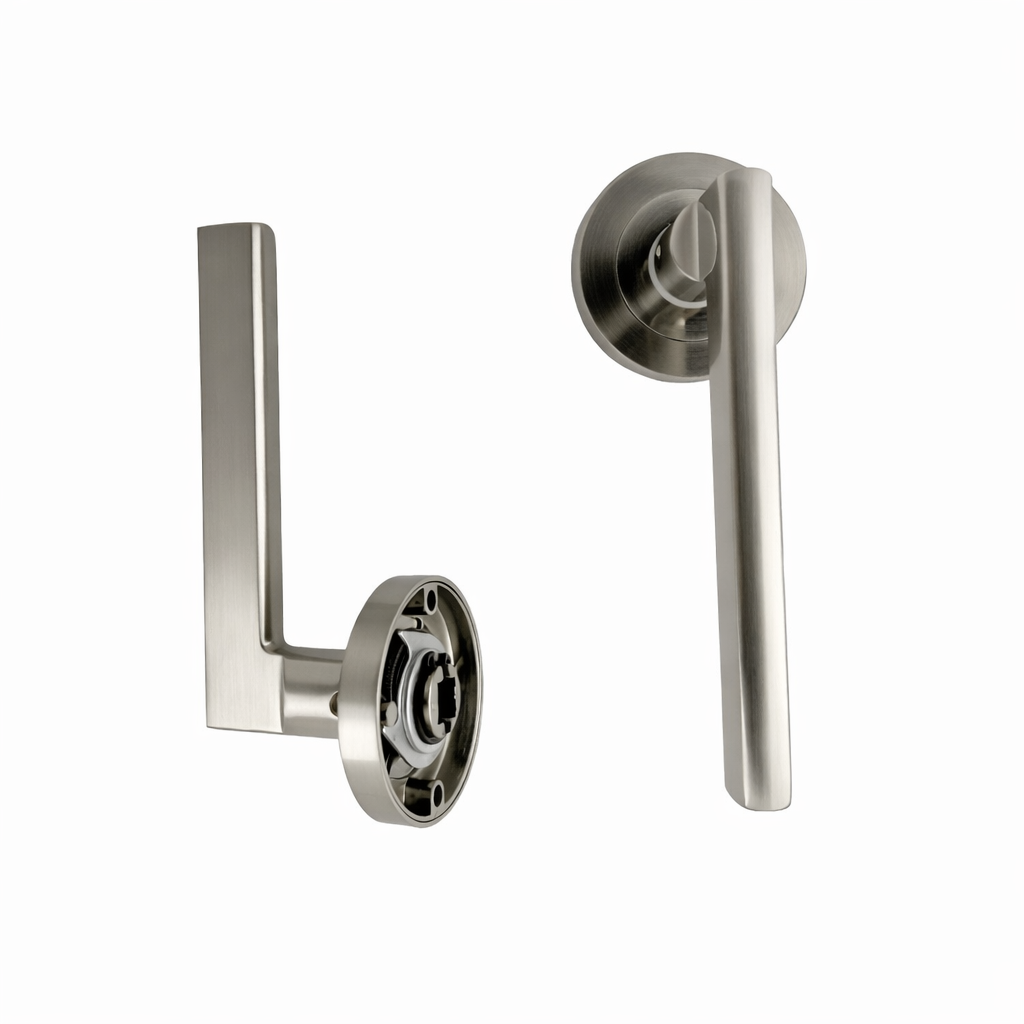 Türklinke Rental '530A' mit runder Rosette aus Aluminium für Türen, satiniertes Nickel-Finish