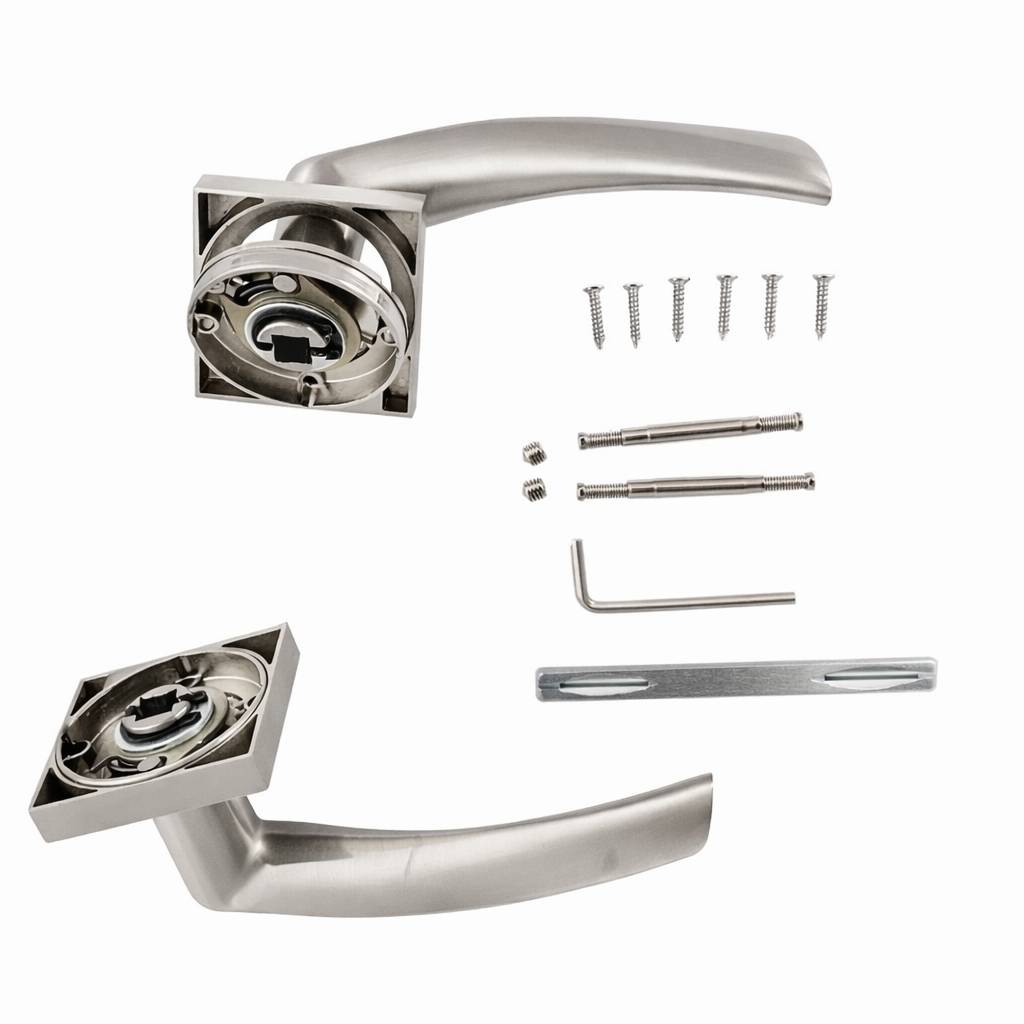 Türklinke '130A' aus Aluminium in satiniertem Nickel mit quadratischer Rosette für Türen