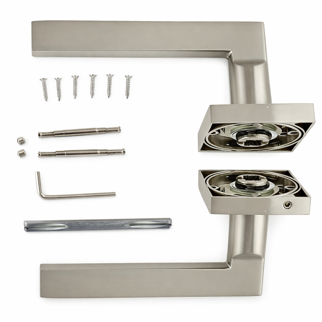 Türklinke Modell Rental '530A' mit quadratischer Rosette aus Aluminium, Oberfläche satiniertes Nickel