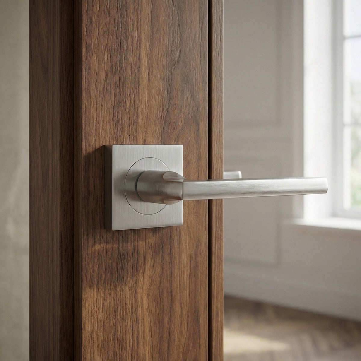 Türklinke Modell Rental '530A' mit quadratischer Rosette aus Aluminium, Oberfläche satiniertes Nickel