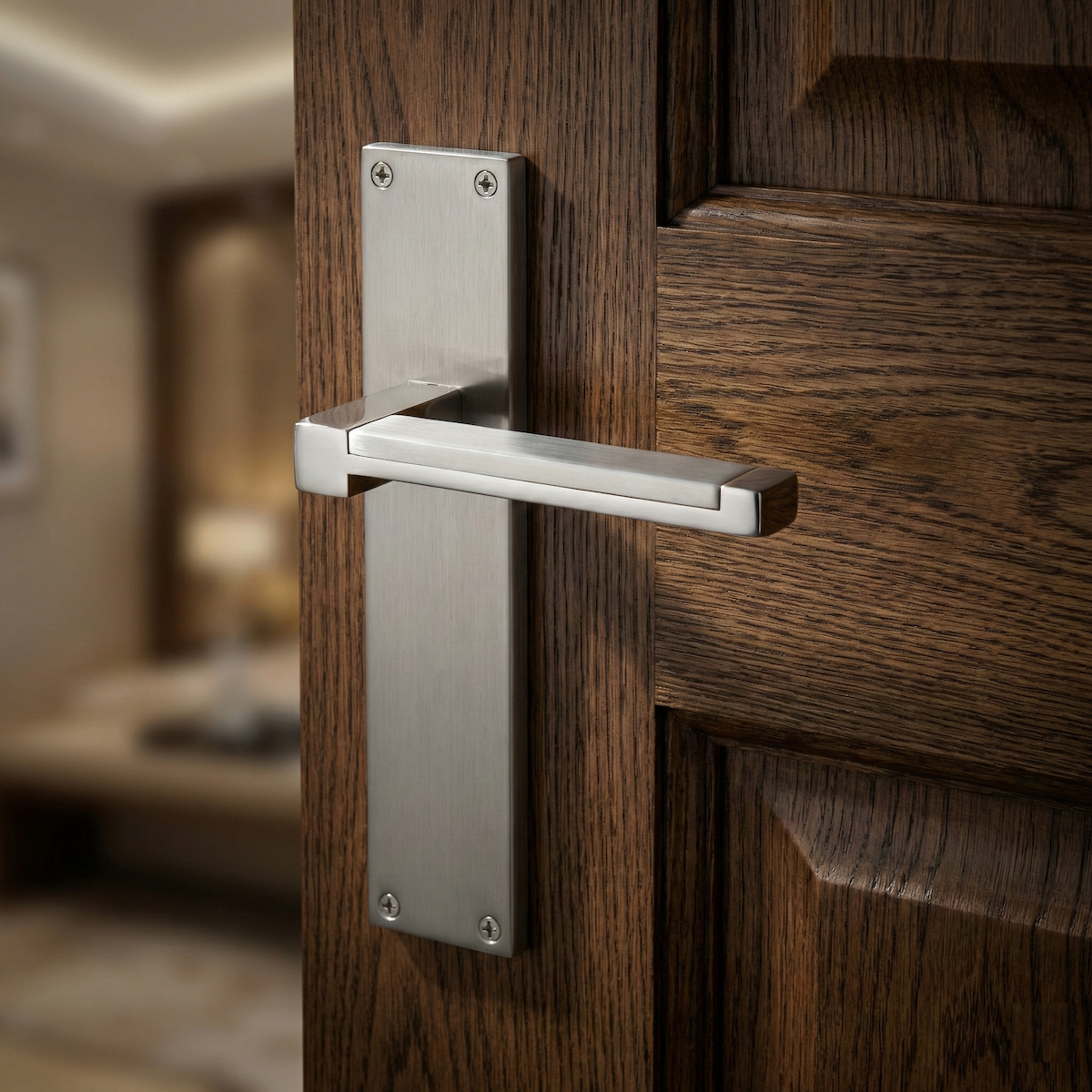 Türklinke Modell 610 mit rechteckigem Zamak-Schild in satiniertem Nickel-Finish für Türen