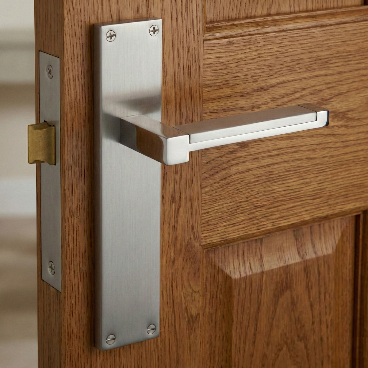 Türklinke Modell 610 mit rechteckigem Zamak-Schild in satiniertem Nickel-Finish für Türen