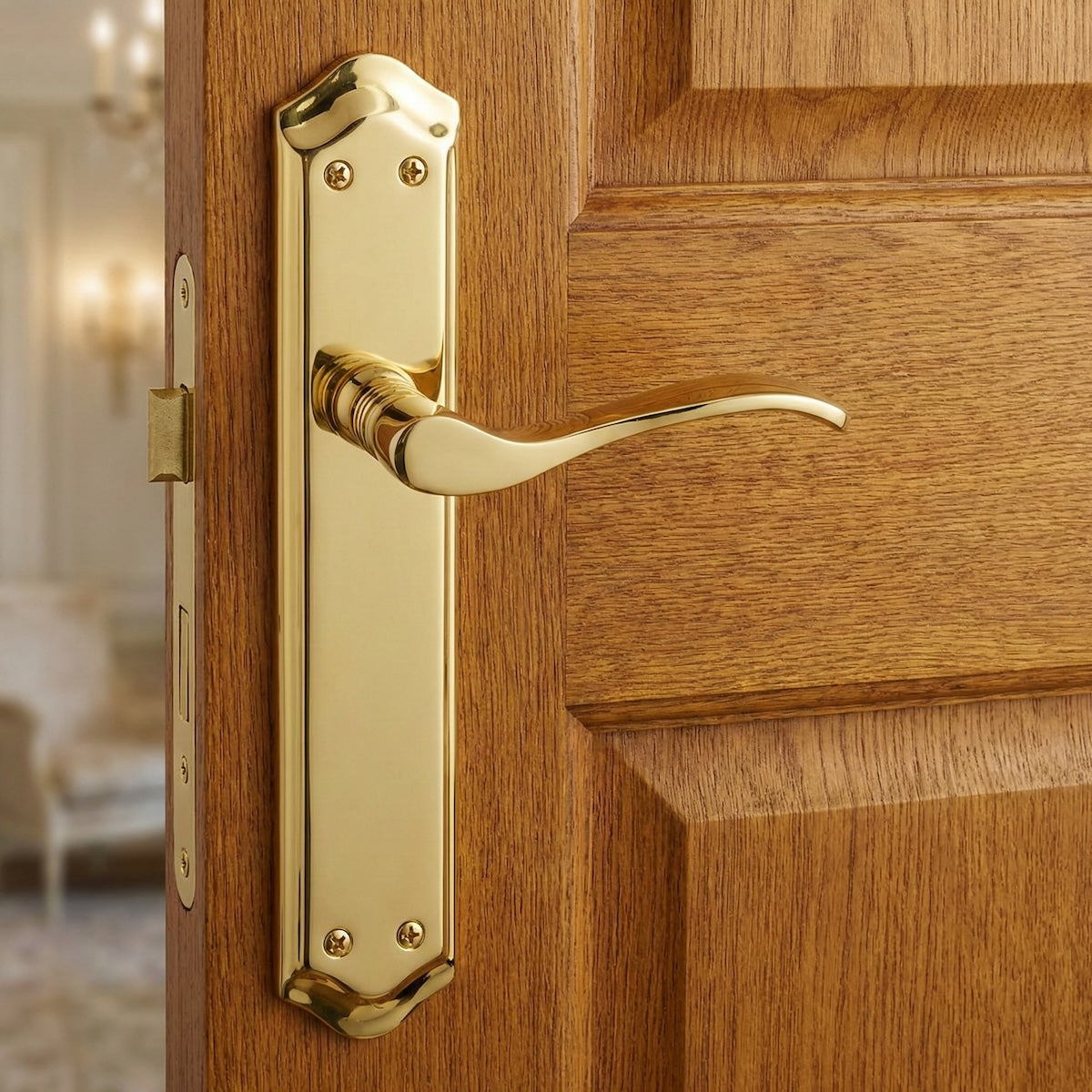 Türklinke Modell '881' mit ovalem Aluminiumschild in satiniertem Gold für Türen