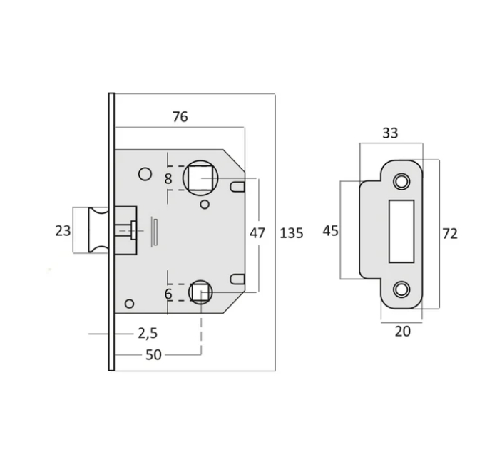 Einsteckschloss mit abgerundeter Falle, 47mm