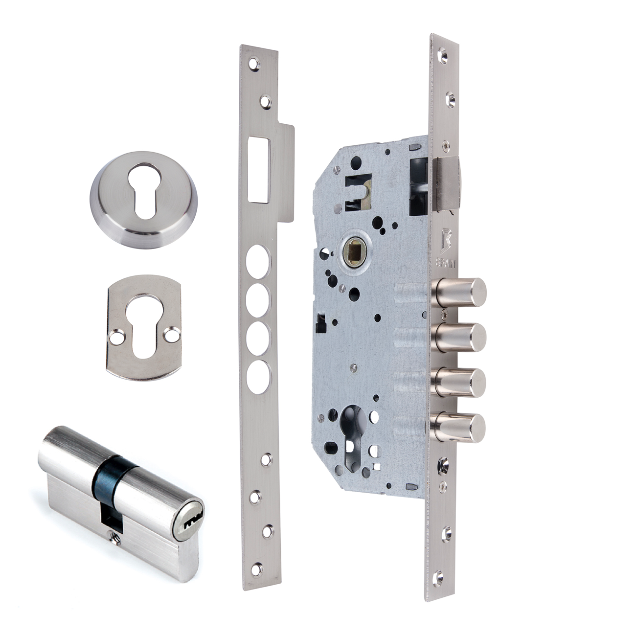 Einsteck-Sicherheitsschloss 50mm mit gerader Stulp und 4 Stahlriegeln, satiniertem Nickel-Finish