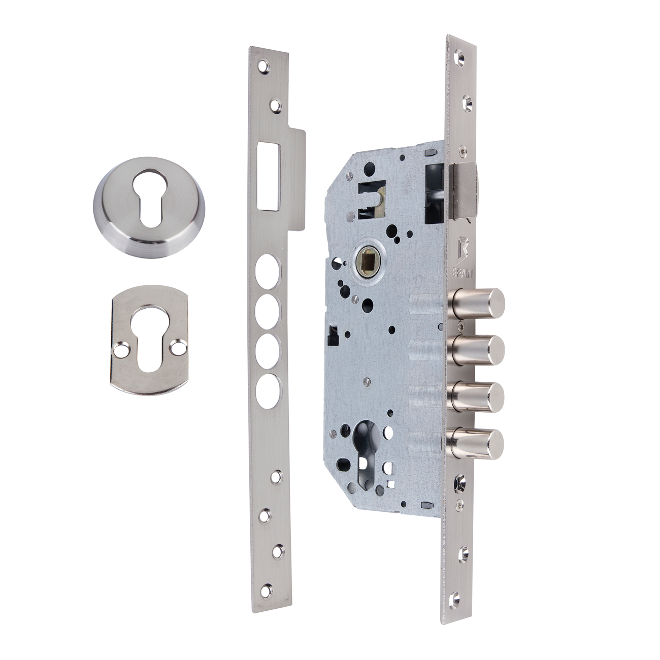 Einsteck-Sicherheitsschloss 50mm mit gerader Stulp und 4 Stahlriegeln, satiniertem Nickel-Finish