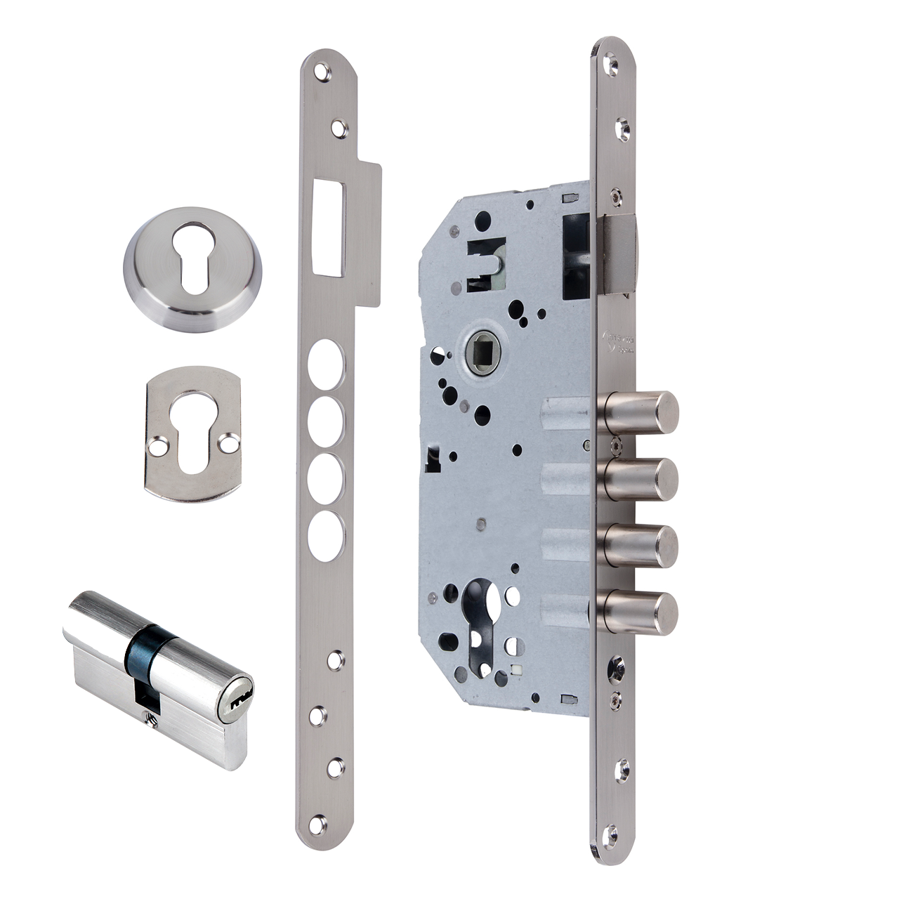 Sicherheitsschloss 60mm mit abgerundeter Stulp, 4 Stahlriegel, satiniertes Nickel