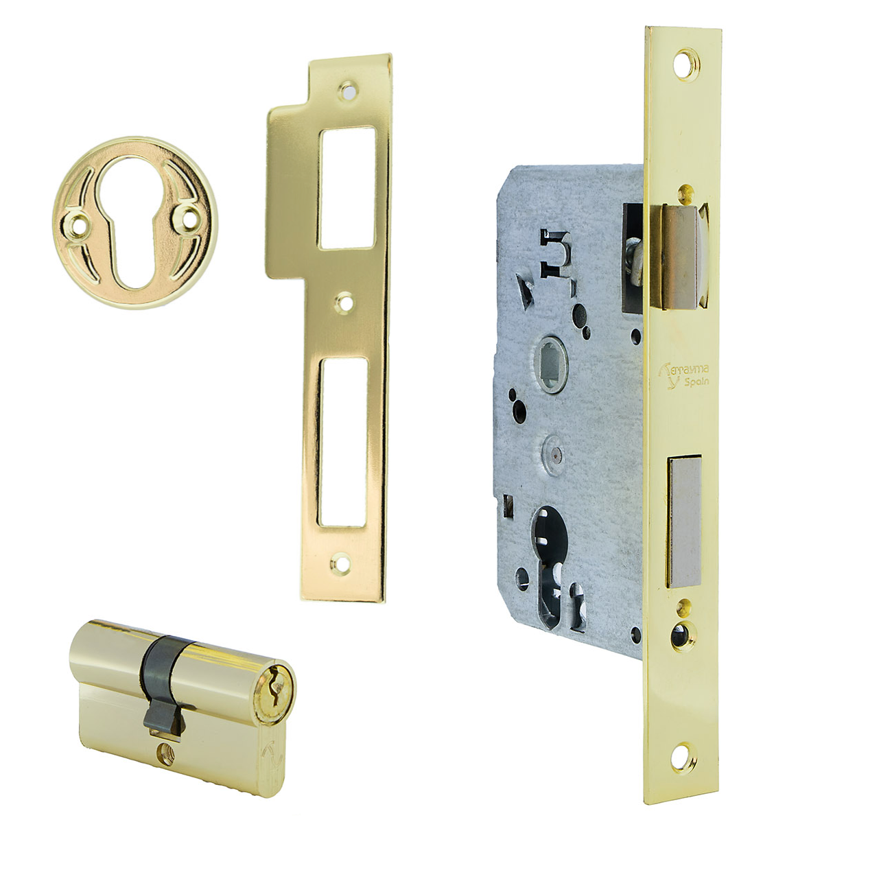 Einsteckschloss 47 mm Dornmaß und 50 mm Abstand zum Zylinder, gerader Stulp, vermessingt