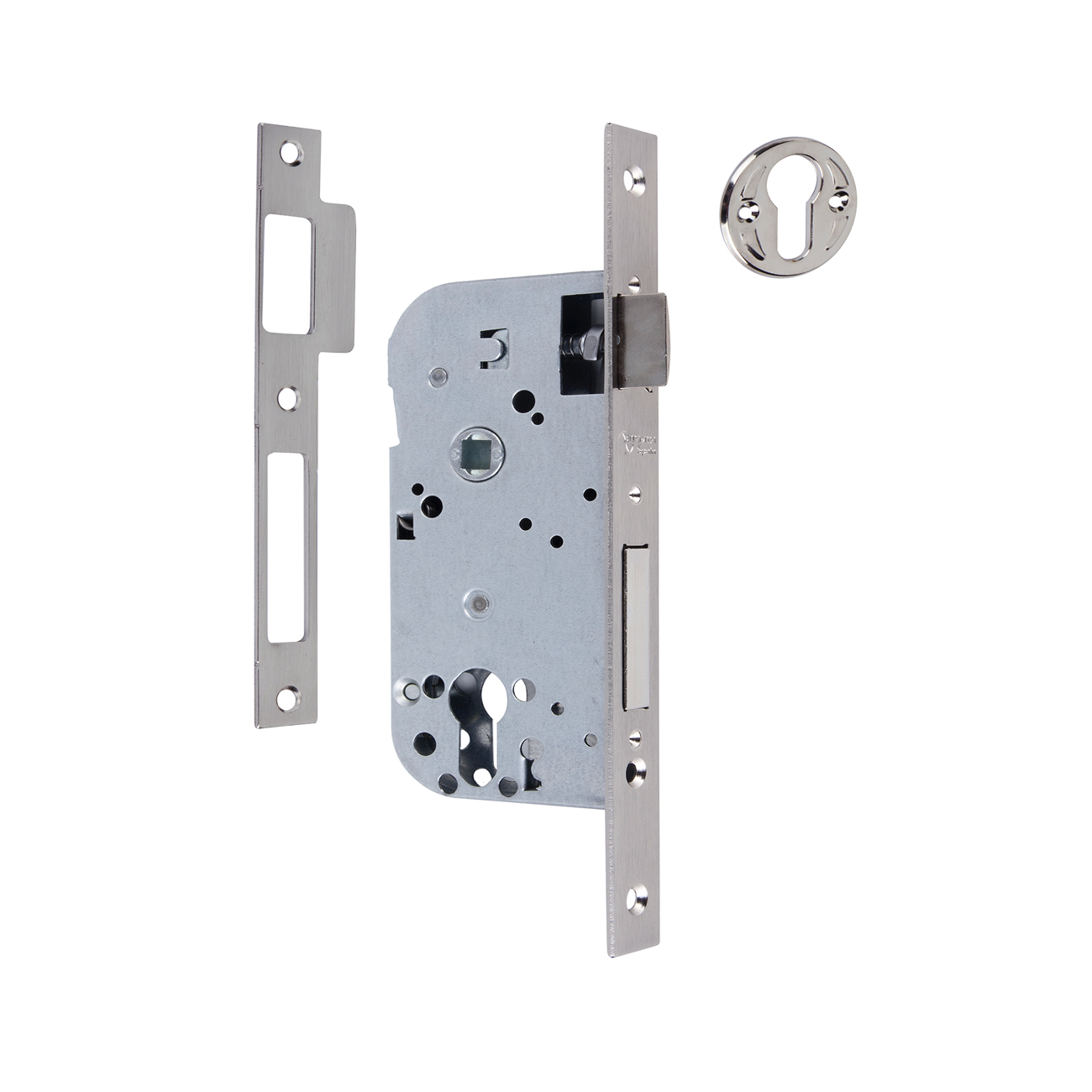 Einsteckschloss 70 mm Achsabstand und 50 mm Dornmaß, gerader Stulp, satiniertes Nickel