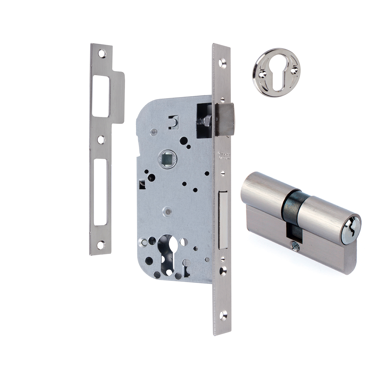 Einsteckschloss 70 mm Dornmaß und 40 mm Entfernung bis Zylinder, gerader Stulp, satiniertes Nickel