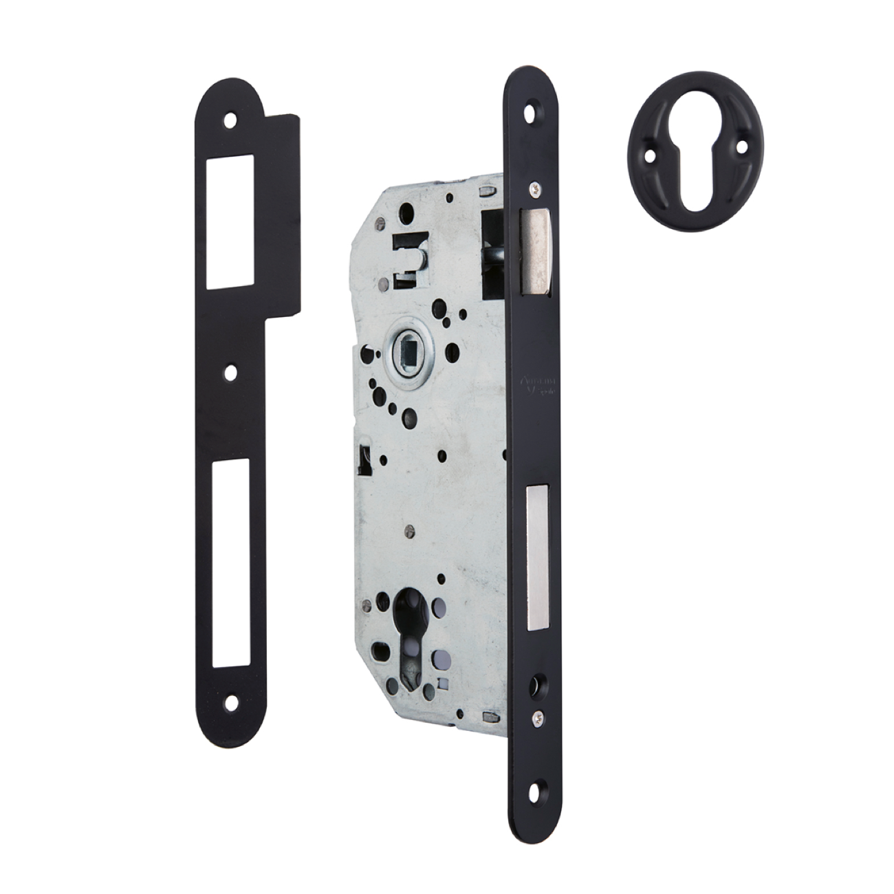 Einsteckschloss 50mm für Profilzylinder mit abgerundeter Stulp und 85mm Achsabstand, schwarz lackiert