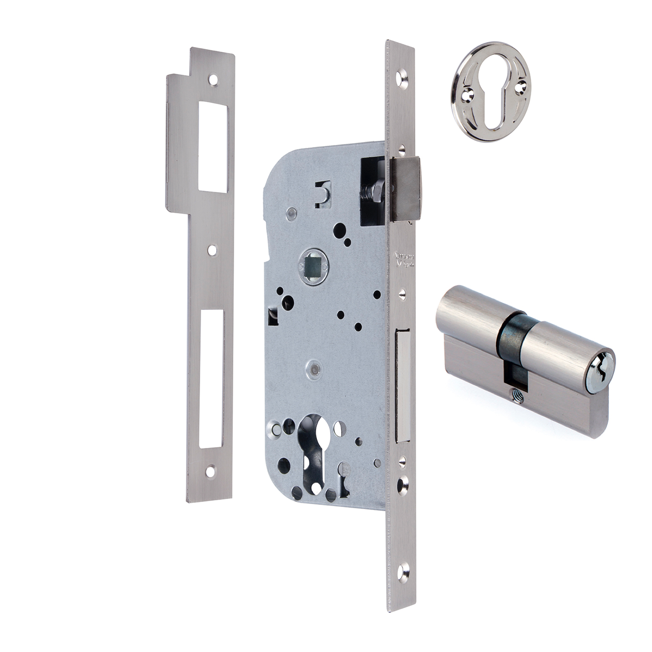 Einsteckschloss 60mm für Euro-Profilzylinder mit gerader Stulp und 85mm Dornmaß, satiniertem Nickel-Finish
