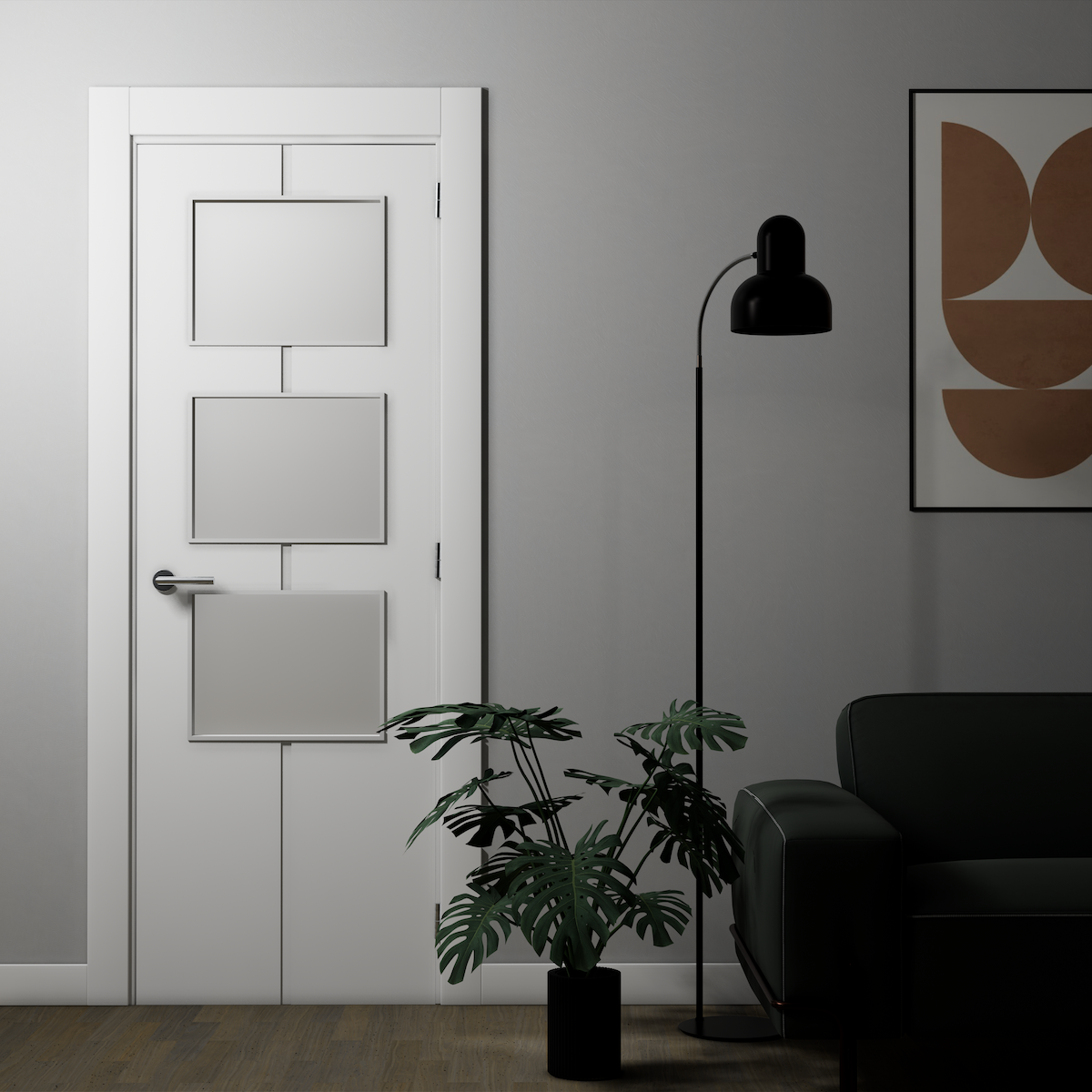 HEAV Tür mit 3 Fenstern im Block, 2030x905x35, Massivkern, weiß lackiert